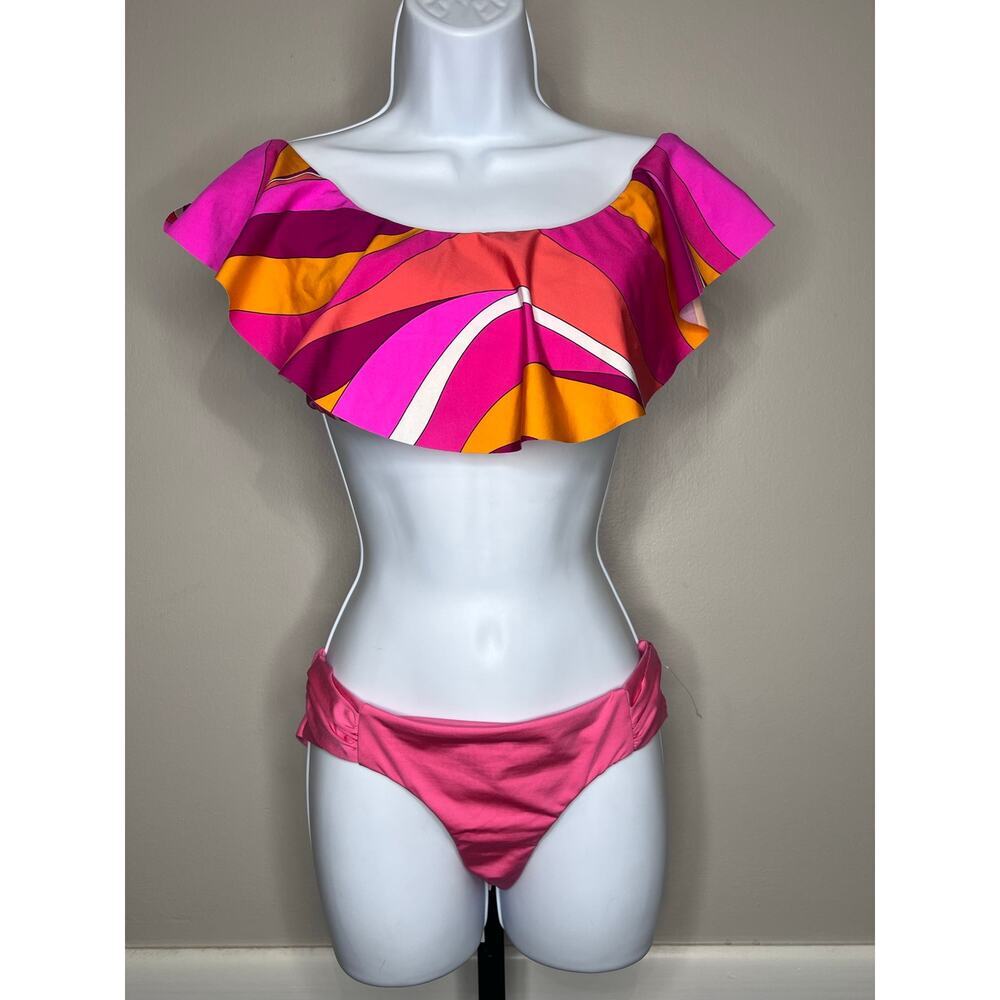 Trina Turk Off Shoulder Ruffle Bikini Set Pink Multi Print NWT Size 4